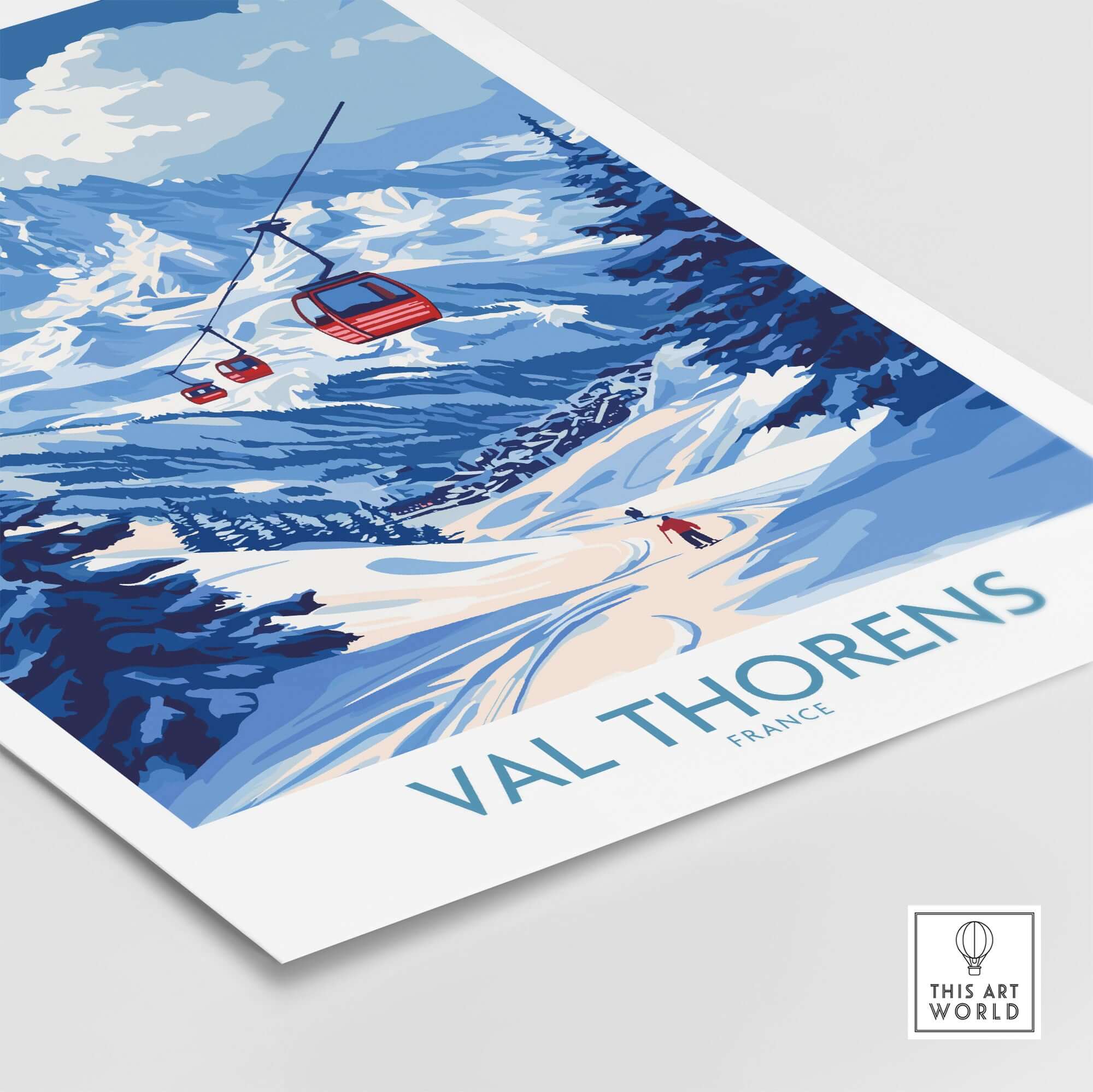 Ski Poster Val Thorens | Ski Trip Memories Wall Art featuring a vibrant winter scene with ski lifts and snowy mountains.