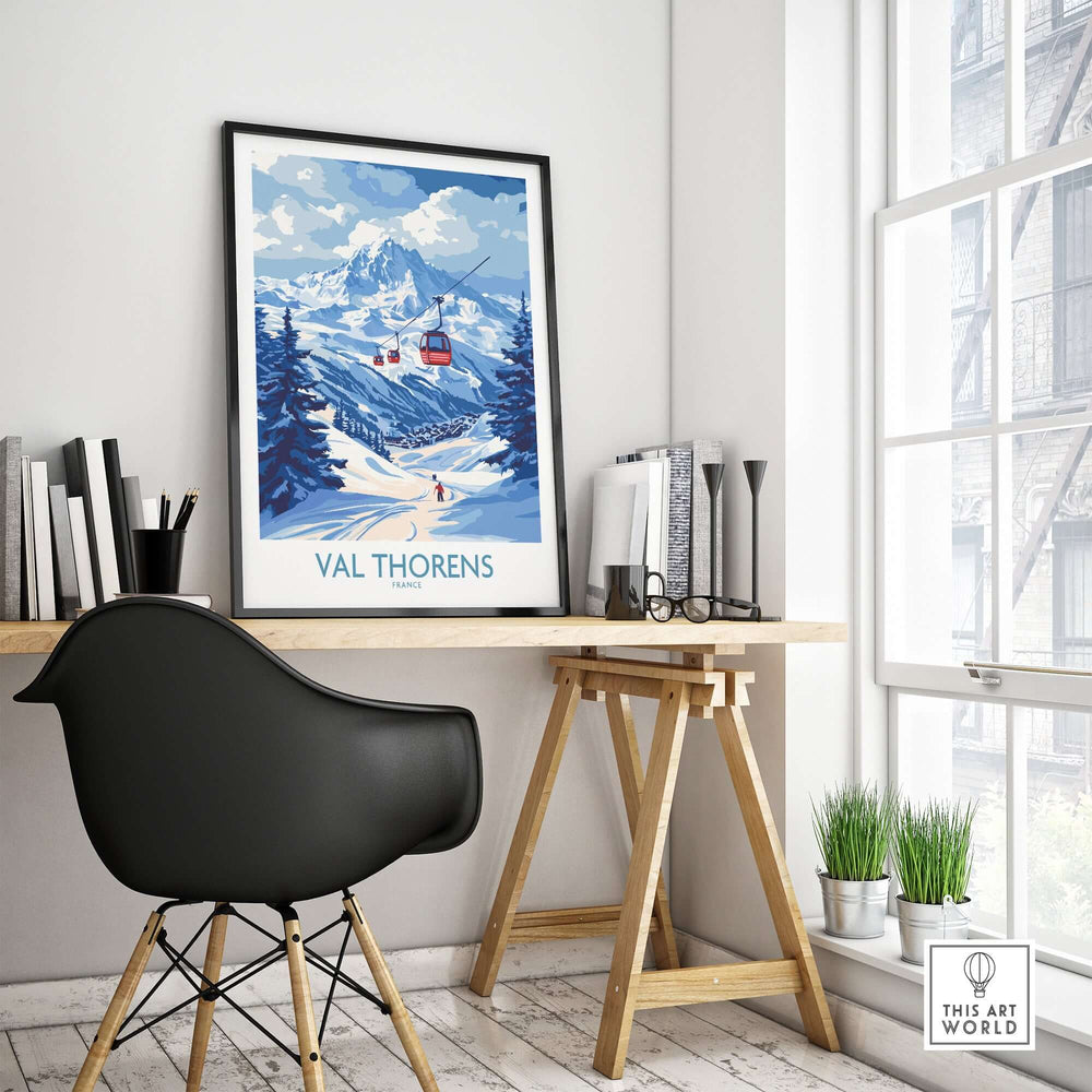 Ski Poster Val Thorens | Ski Trip Memories Wall Art featuring stunning mountain scenery and ski lift.