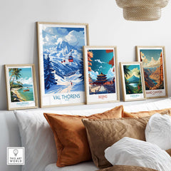 Ski Poster Val Thorens | Ski Trip Memories Wall Art displayed on a wall with other travel posters.