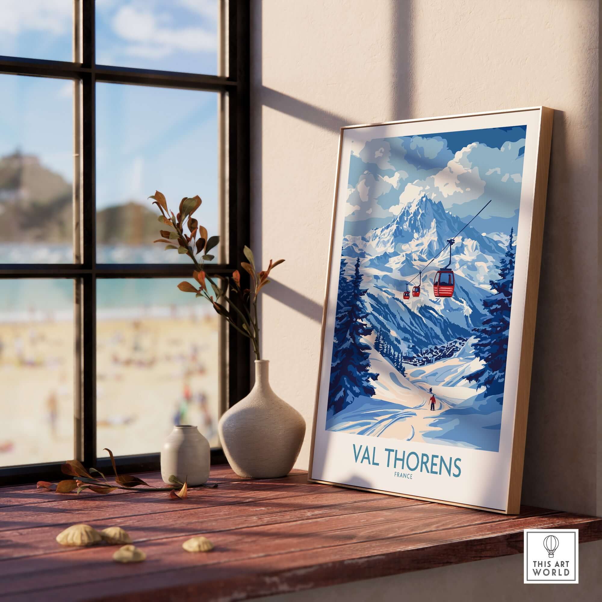 Ski Poster Val Thorens | Ski Trip Memories Wall Art displayed on a windowsill with a scenic view.