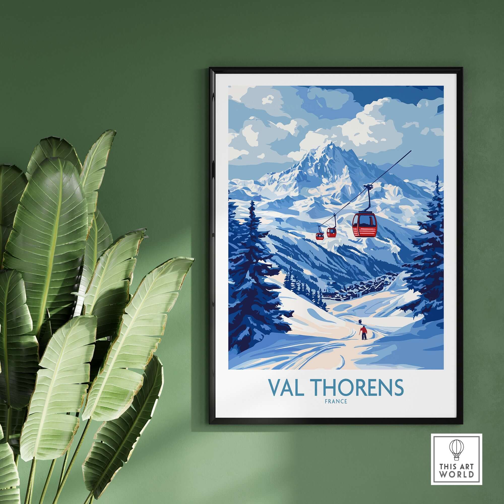Ski Poster Val Thorens | Ski Trip Memories Wall Art showcasing a beautiful snowy landscape with skiers and the Val Thorens gondola.