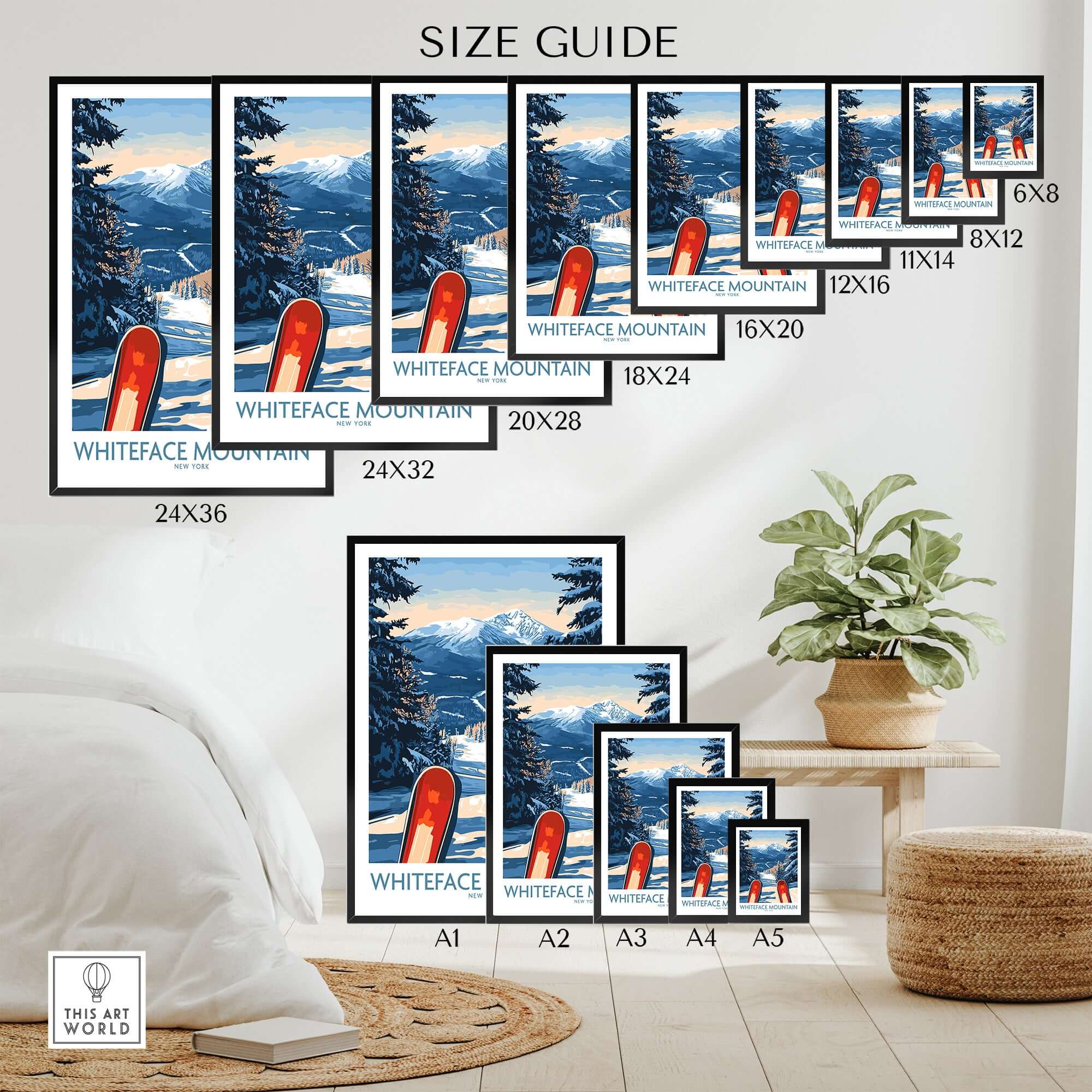 Size guide for Whiteface Mountain Ski Resort poster, showing various frame sizes in a cozy room setting.