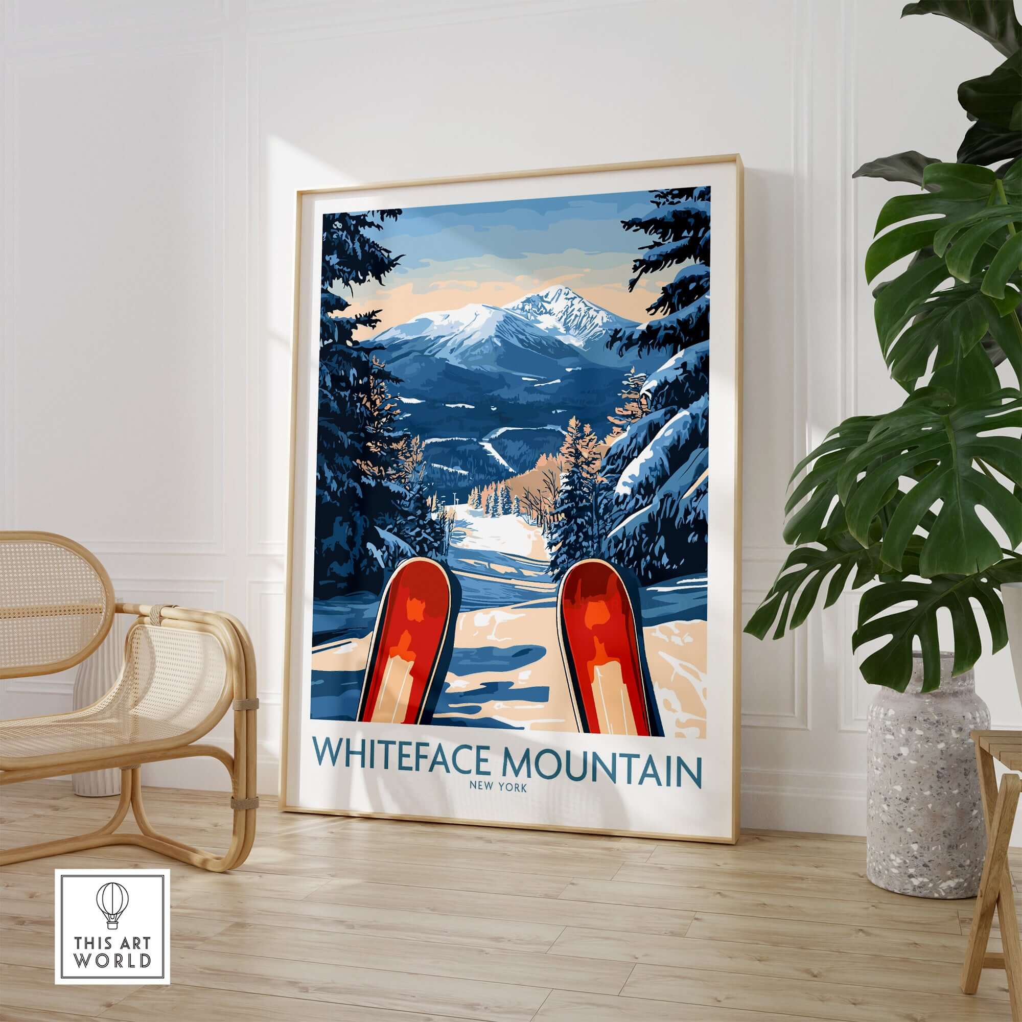 Stunning Whiteface Mountain ski poster featuring red skis and snow-capped peaks, perfect for ski enthusiasts.