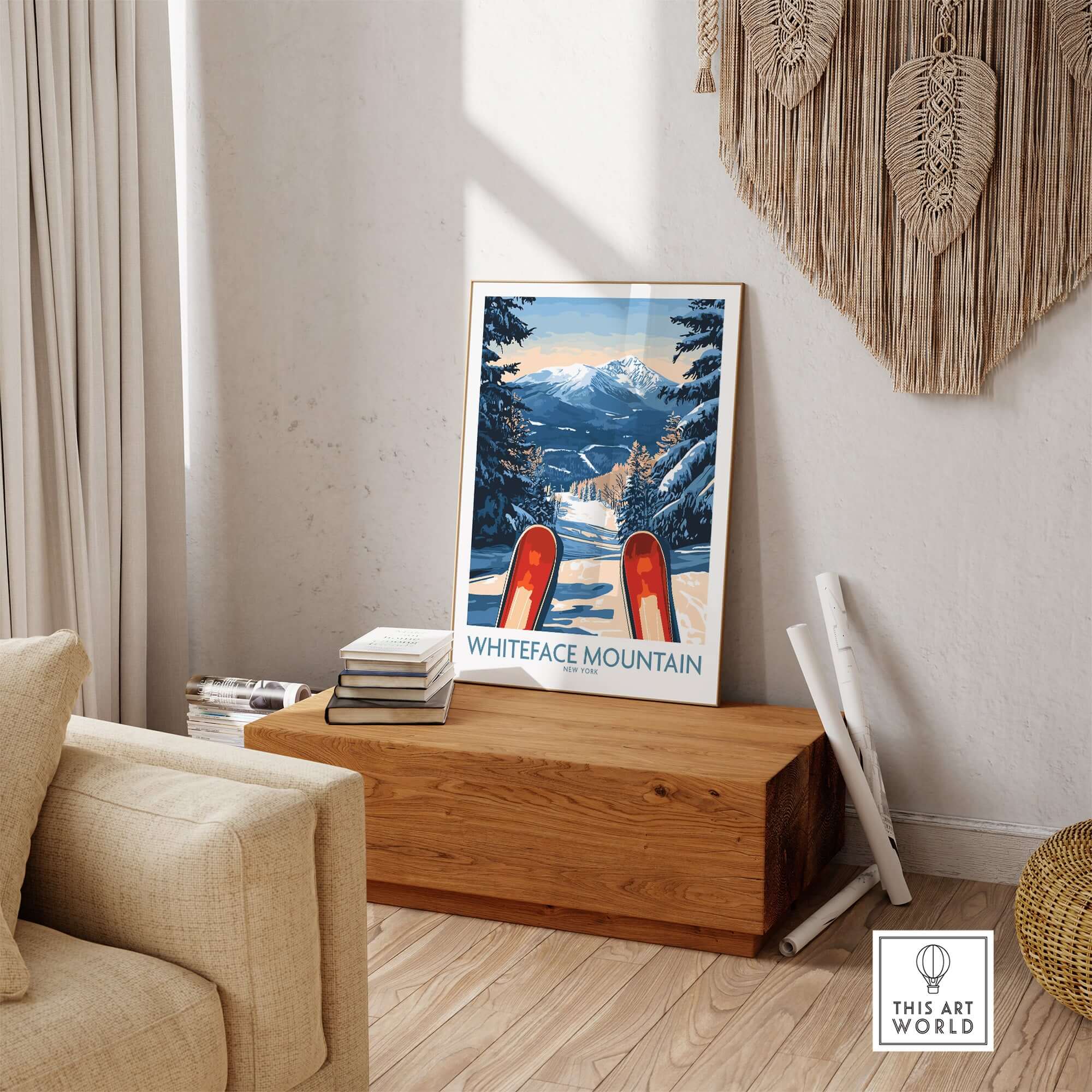 Ski poster of Whiteface Mountain with red skis in a cozy interior setting, showcasing winter beauty and adventure.