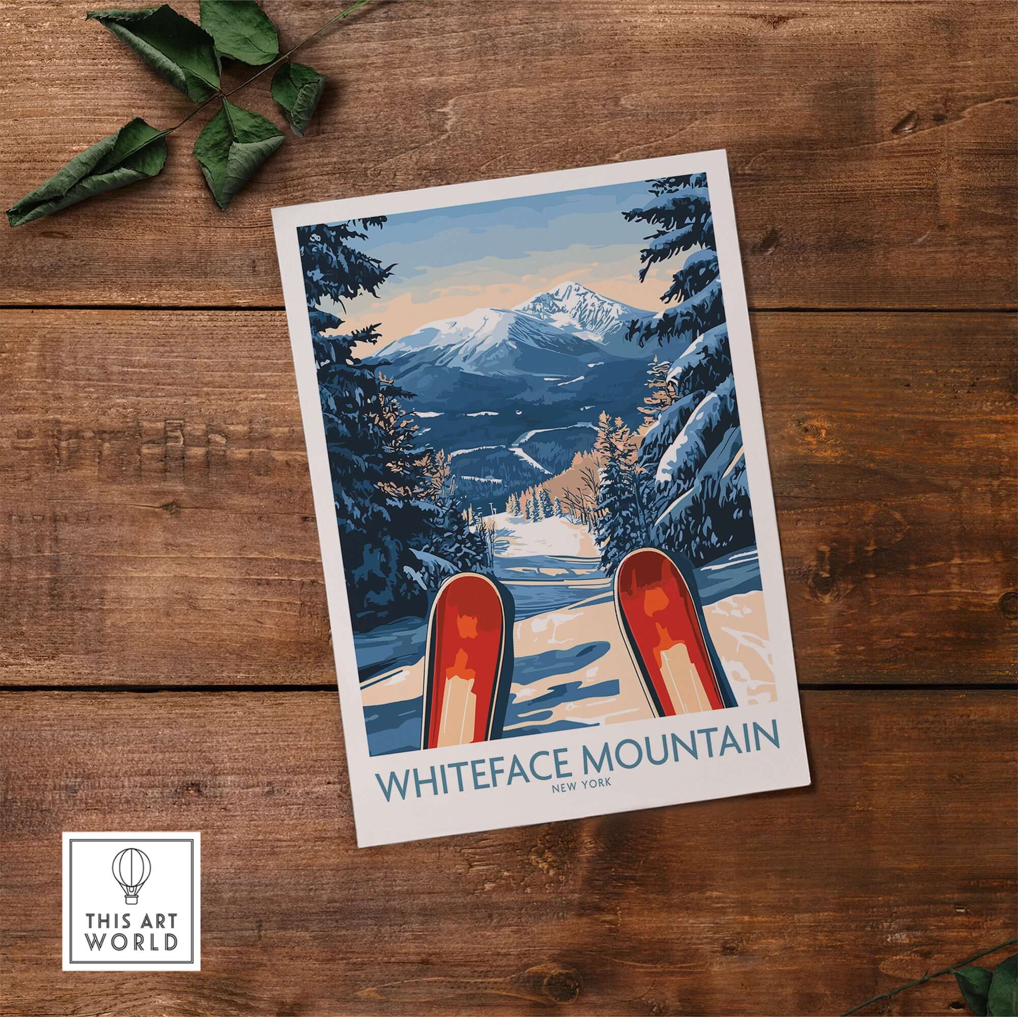 Ski poster of Whiteface Mountain featuring red skis and a snow-covered winter landscape.