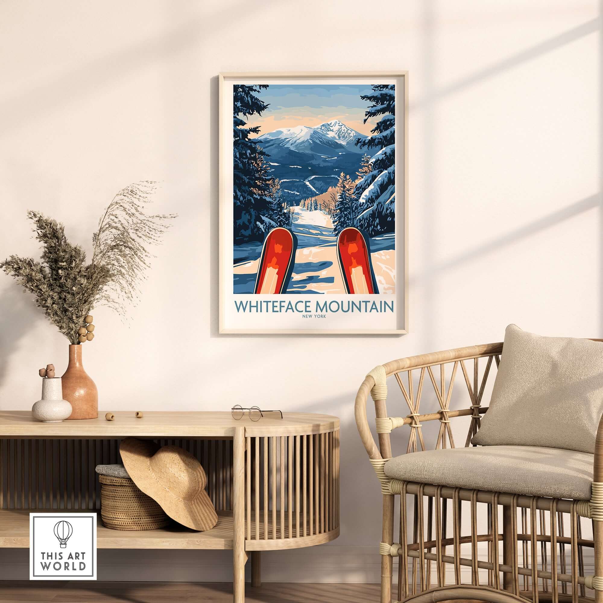 Ski poster of Whiteface Mountain, showcasing snow-capped peaks and skis in a cozy home setting.