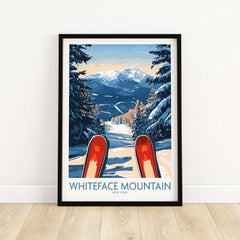 Vintage ski poster of Whiteface Mountain showcasing red skis and snow-covered peaks in New York.