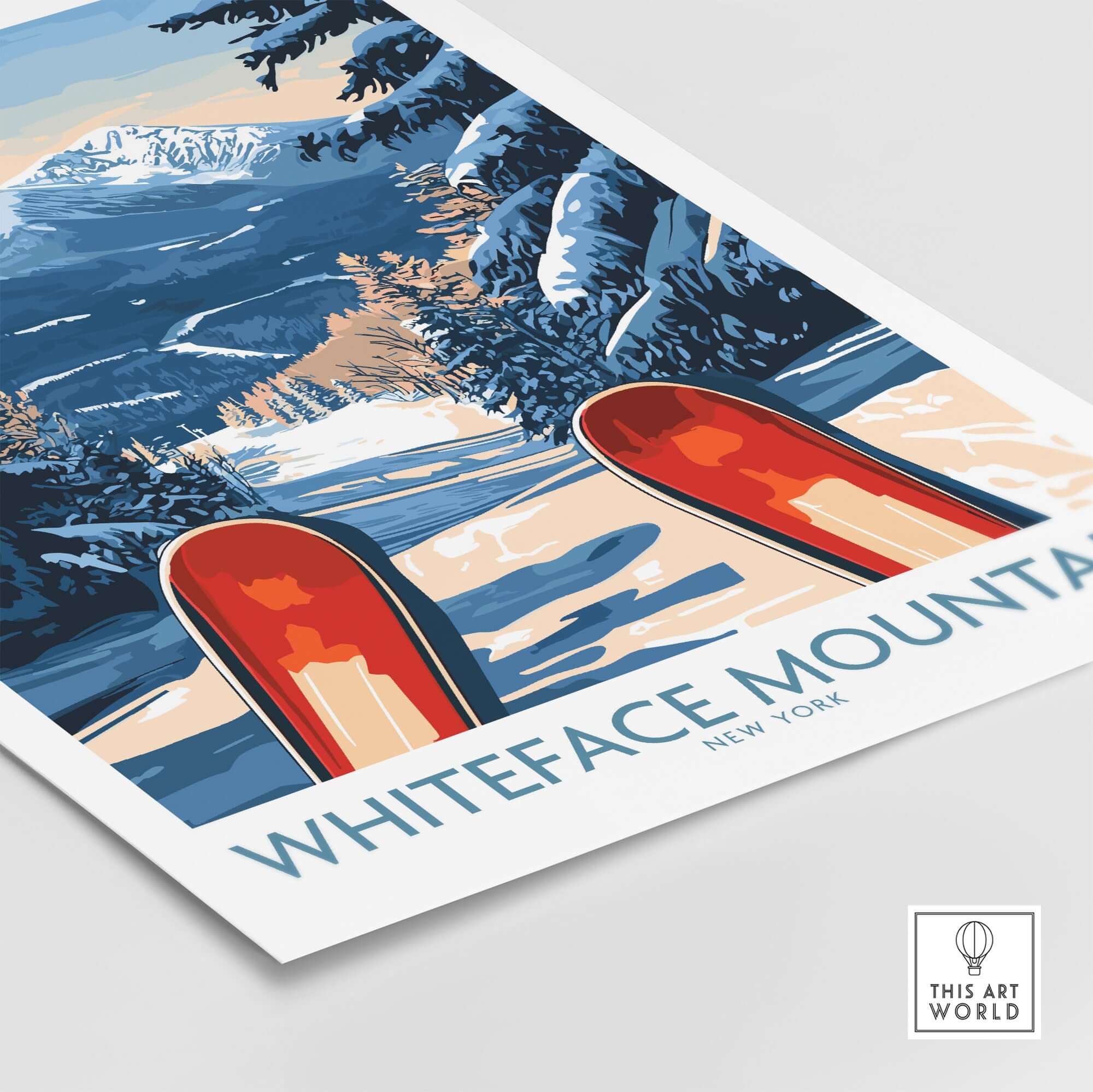 Ski poster of Whiteface Mountain Ski Resort featuring skis in a snowy landscape, vibrant winter art.