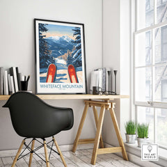 Ski poster of Whiteface Mountain showcased in a modern home office with stylish decor.