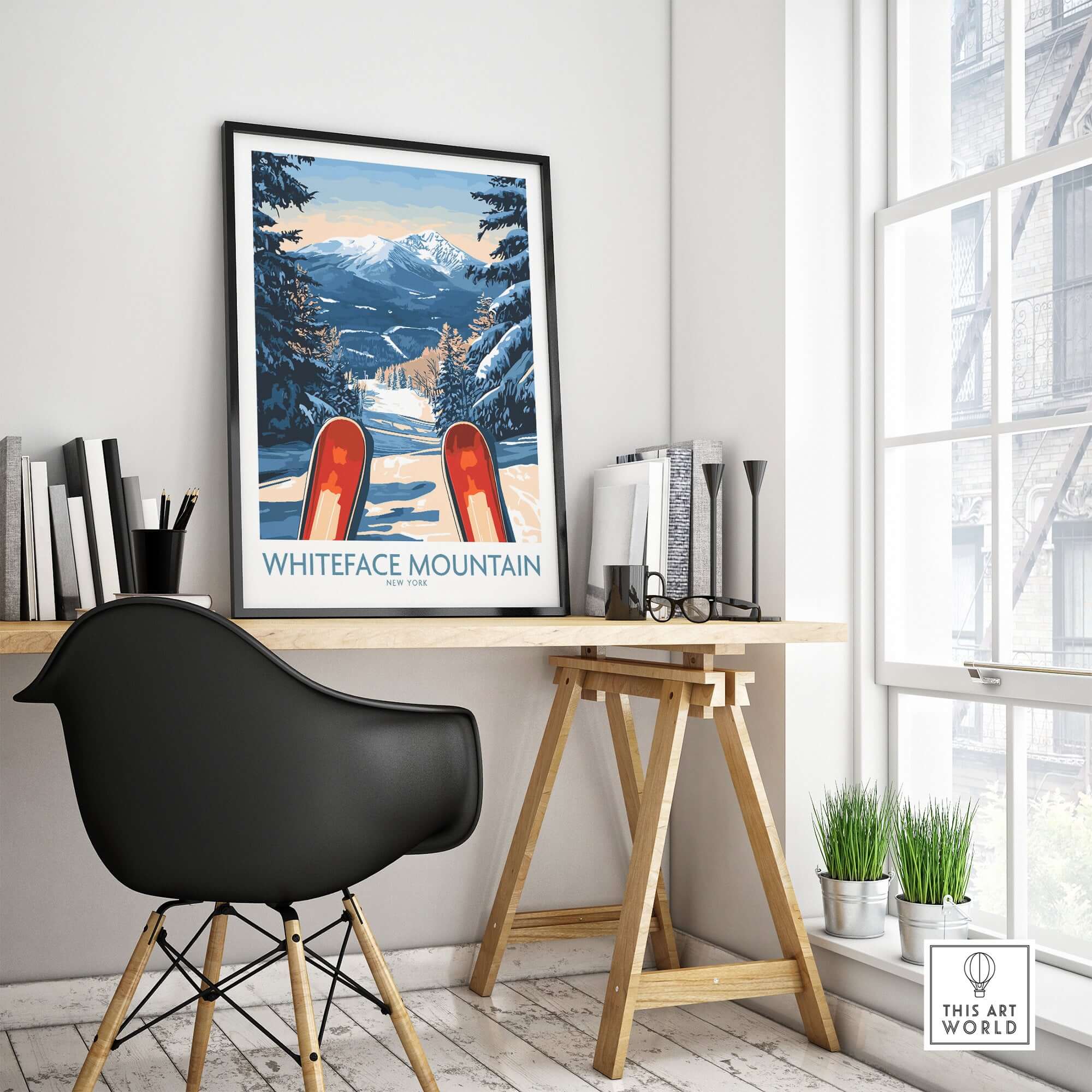 Ski poster of Whiteface Mountain showcased in a modern home office with stylish decor.