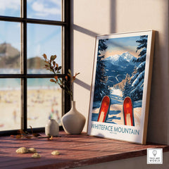 Ski poster of Whiteface Mountain with red skis, showcasing snow-capped peaks and winter beauty, perfect for ski enthusiasts.