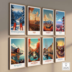 Gallery of travel posters featuring Whiteface Mountain, Paris, Florence, Tokyo, Reykjavik, Amsterdam, Copenhagen, and Barcelona.
