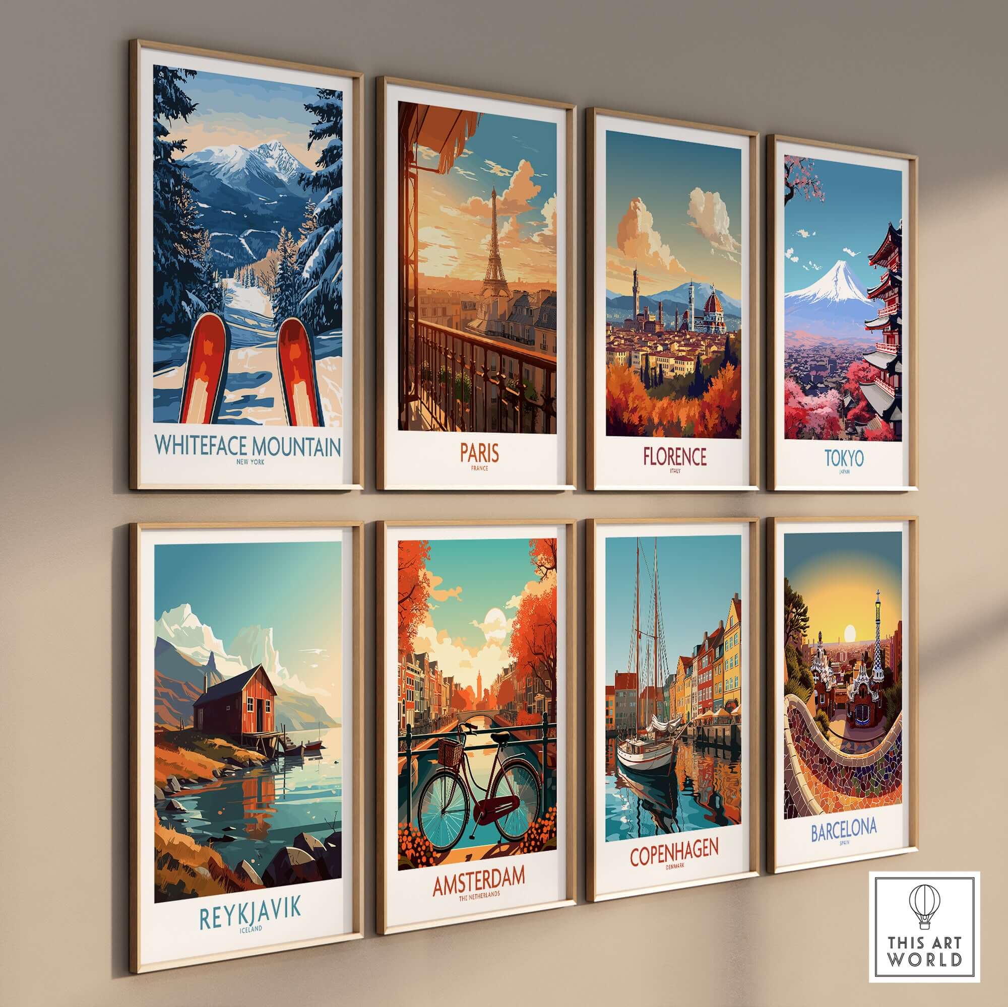 Gallery of travel posters featuring Whiteface Mountain, Paris, Florence, Tokyo, Reykjavik, Amsterdam, Copenhagen, and Barcelona.
