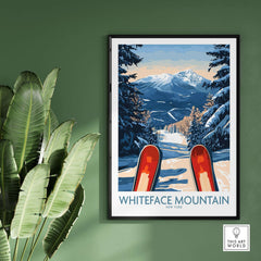 Ski poster of Whiteface Mountain showcasing snow-covered slopes and skis in a winter landscape, ideal for ski enthusiasts.