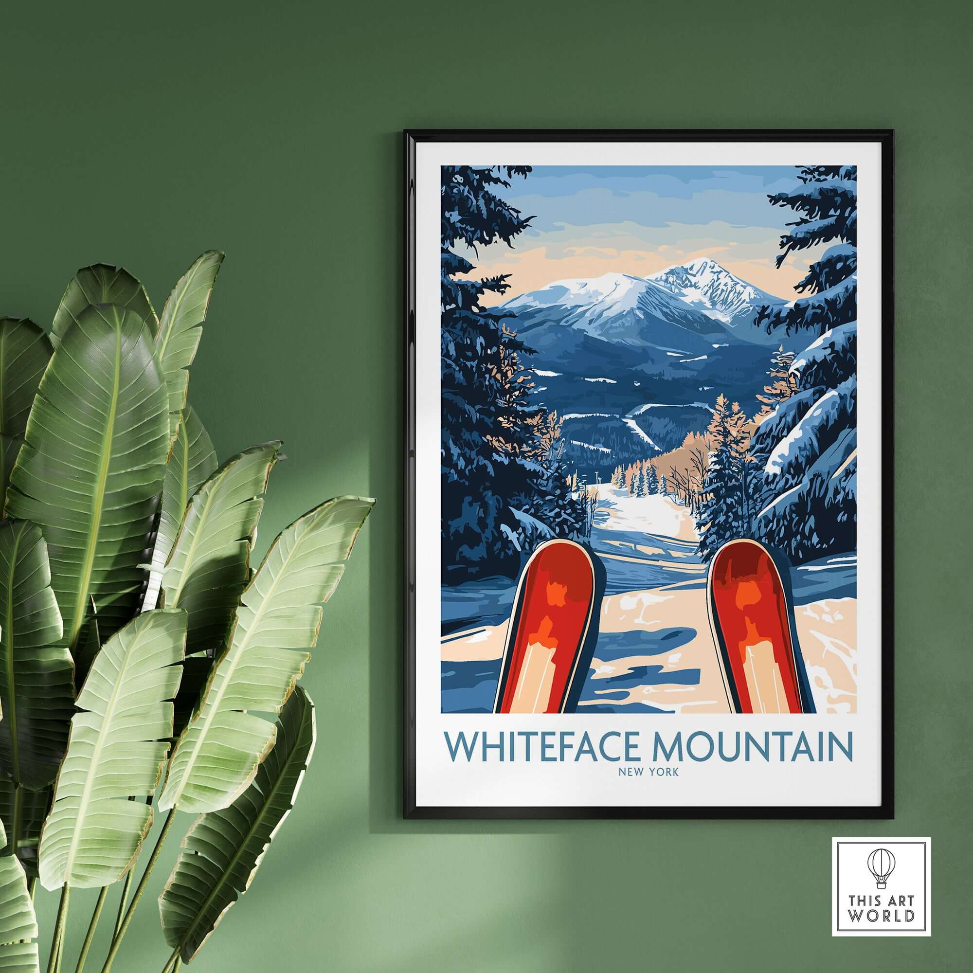Ski poster of Whiteface Mountain showcasing snow-covered slopes and skis in a winter landscape, ideal for ski enthusiasts.