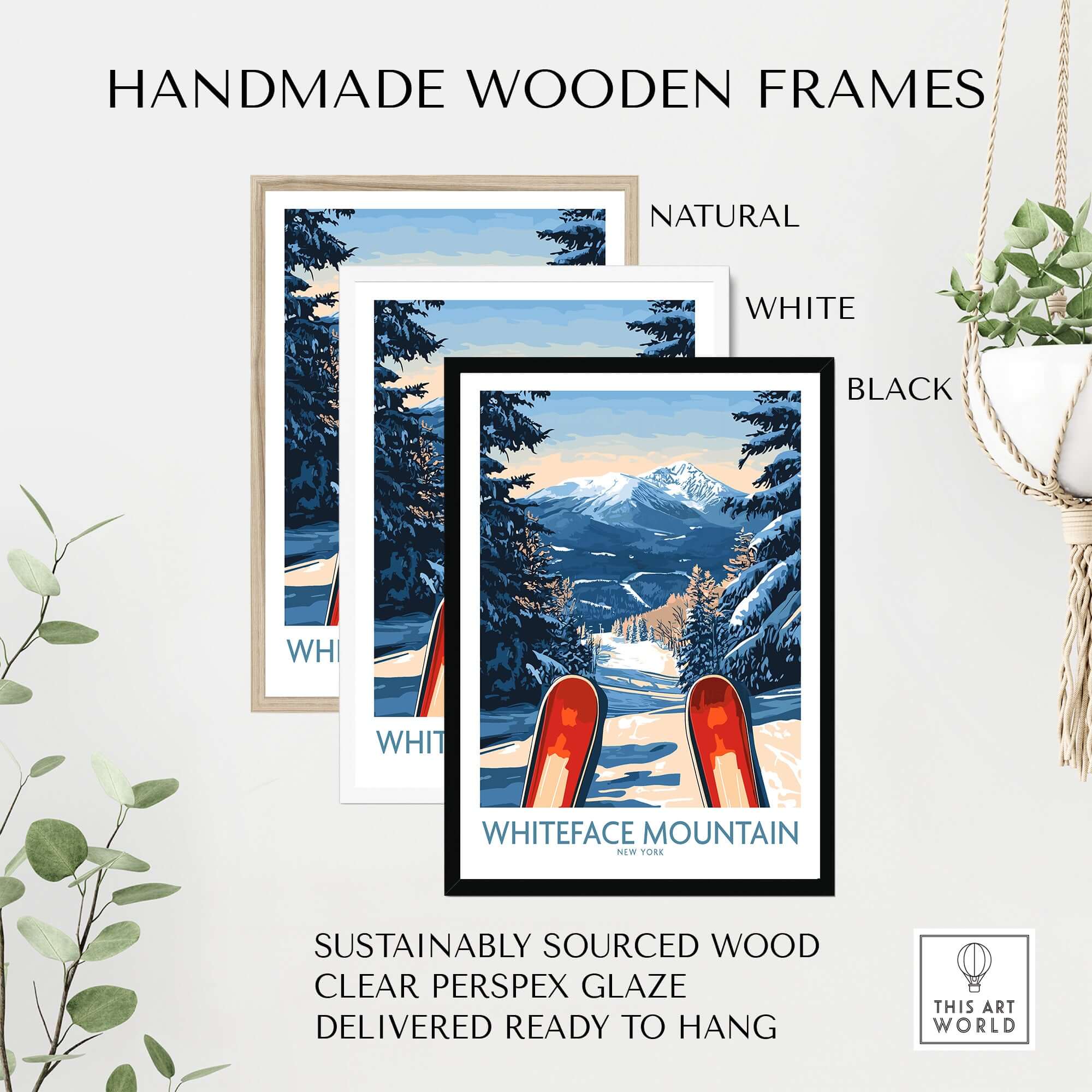 Handmade wooden frames in natural, white, and black for Whiteface Mountain ski poster, ready to hang.