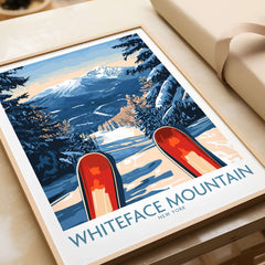 Ski poster of Whiteface Mountain showcasing a snowy landscape and red skis, perfect for ski enthusiasts.
