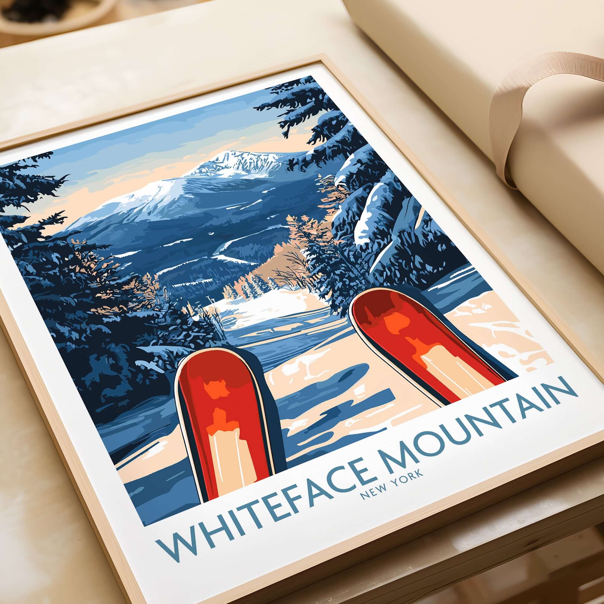 Ski poster of Whiteface Mountain showcasing a snowy landscape and red skis, perfect for ski enthusiasts.