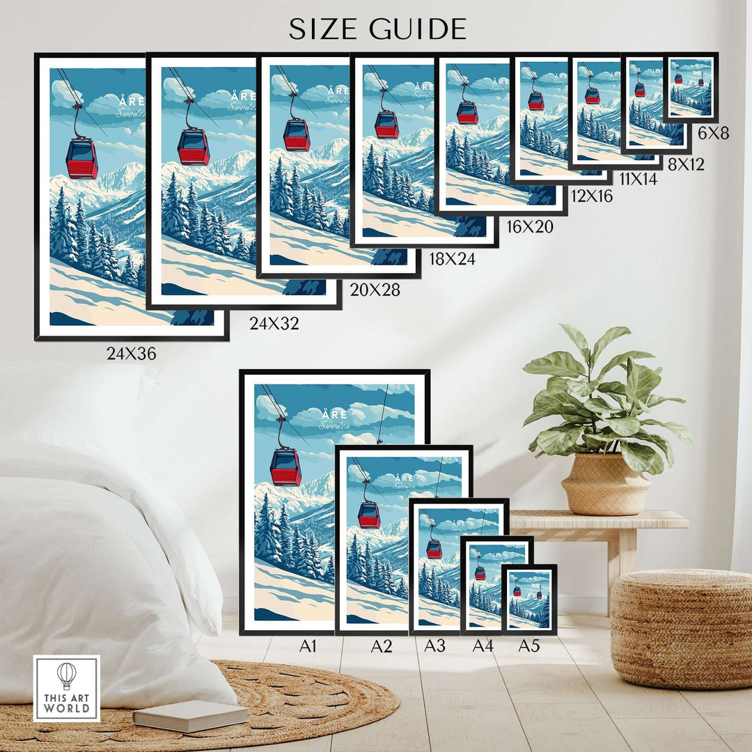 Size guide for Ski Print Åre Sweden showcasing various frame sizes in a stylish living room setting.