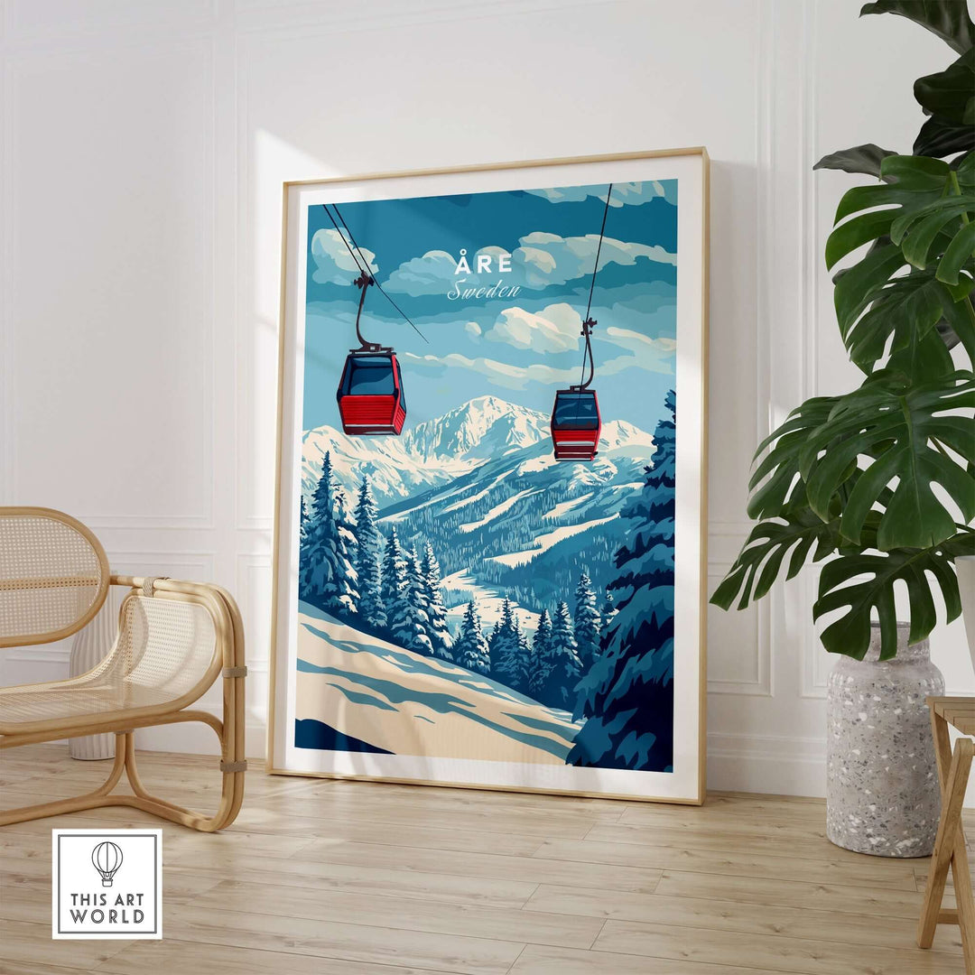 Ski Print of Åre, Sweden featuring a stunning mountain landscape and red ski lifts in a stylish room setting.