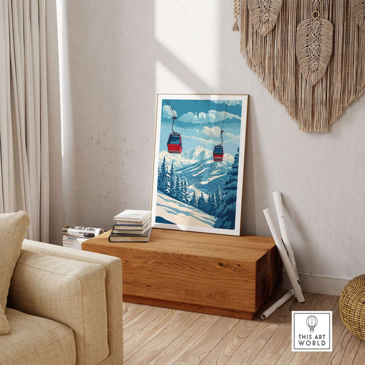 Ski print of Åre, Sweden featuring ski lifts against snowy mountains, perfect for home decor and adventure inspiration.