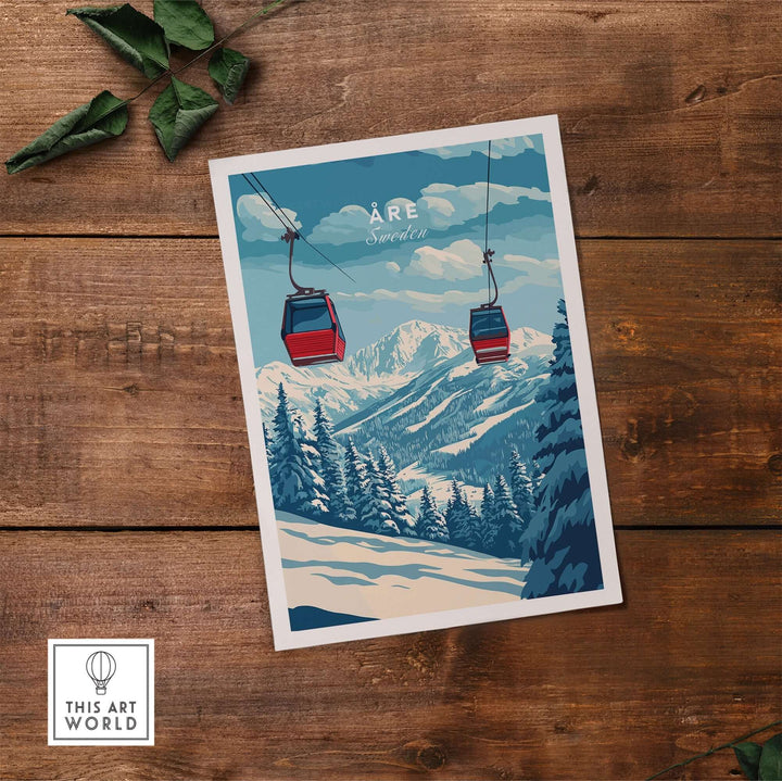 Ski Print of Åre, Sweden featuring cable cars above snowy mountains, perfect for home decor and winter enthusiasts.