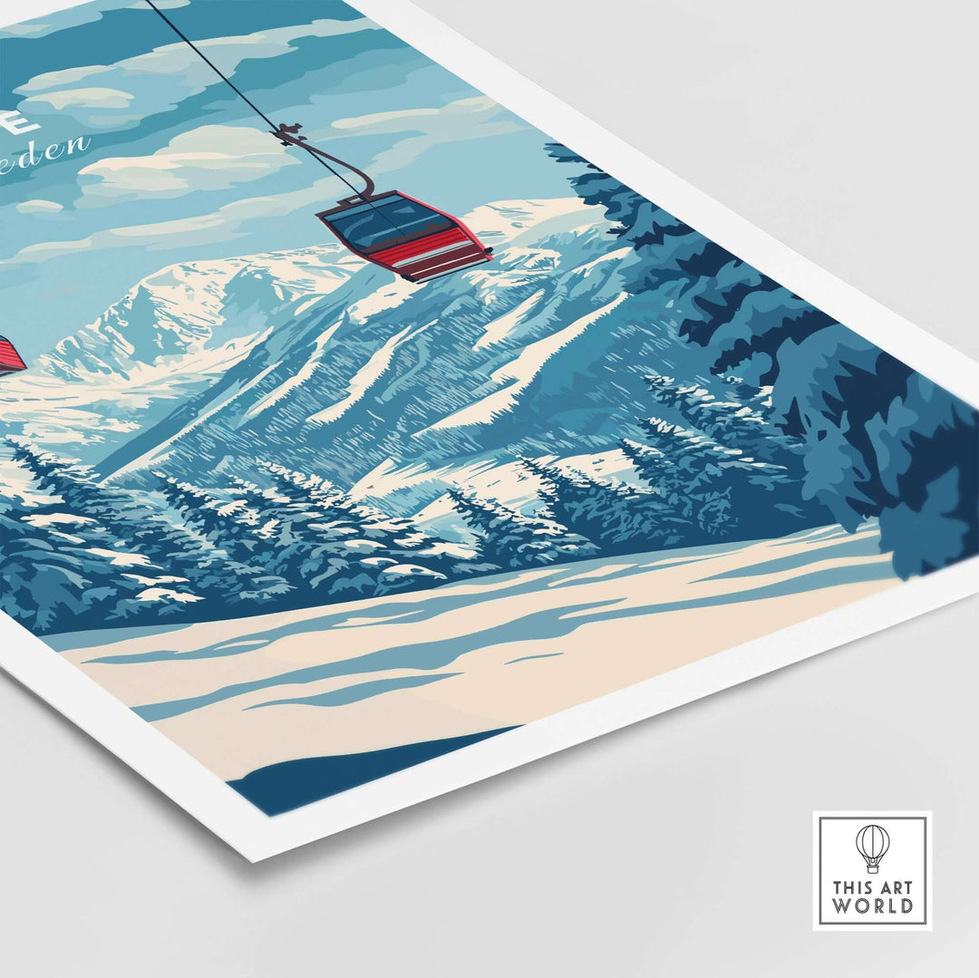 Ski Print featuring cable cars and snowy mountains in Åre, Sweden, perfect for winter-themed decor.