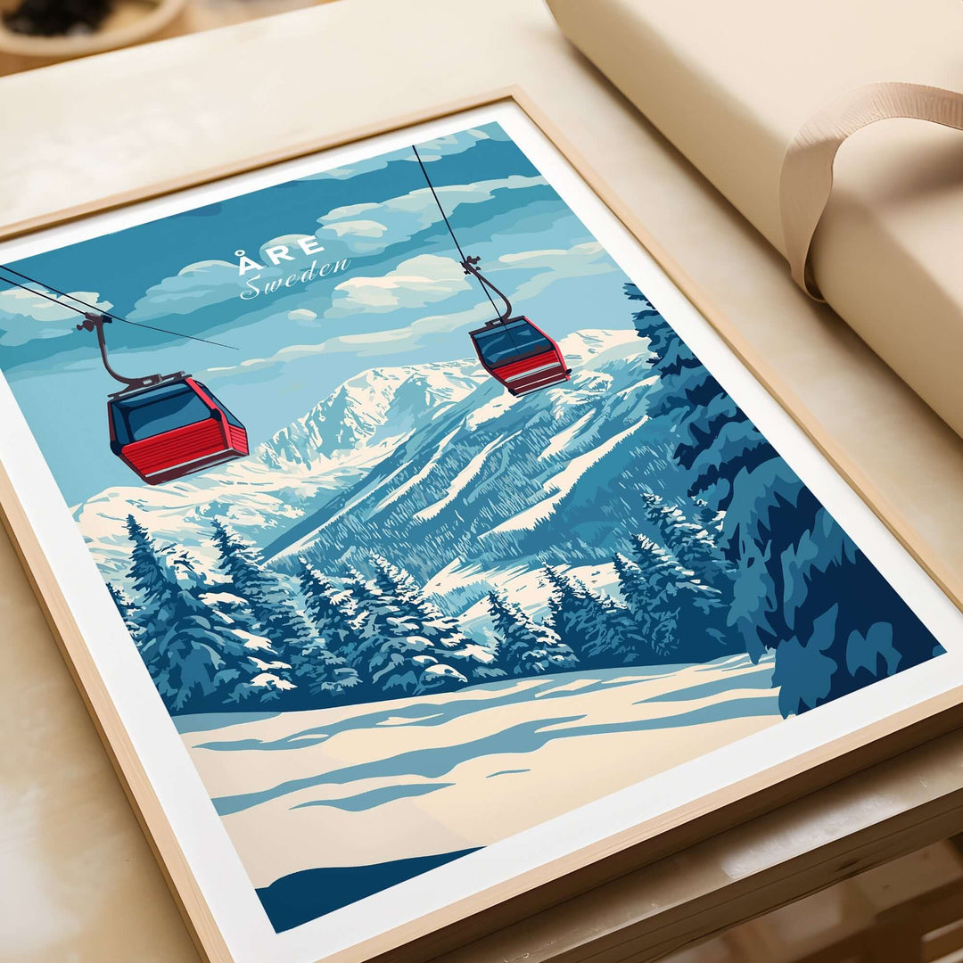 Ski print featuring Åre, Sweden, with a panoramic view of snowy mountains and red ski lifts in a framed art piece.