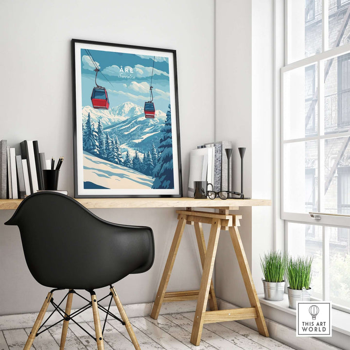 Ski Print of Åre, Sweden featuring red chairlifts over snowy mountains in a stylish home office setting.