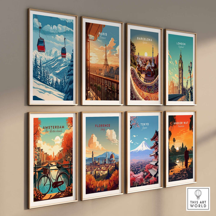 Collection of vibrant travel posters featuring iconic cities: Paris, Barcelona, London, Amsterdam, Florence, Tokyo, and Angkor Wat.