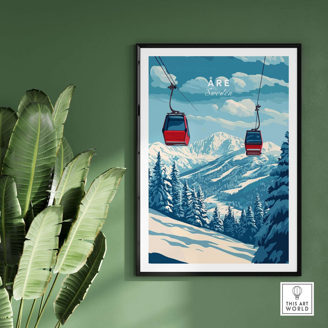 Ski print of Åre, Sweden featuring gondolas against a mountain backdrop, perfect for inspiring wanderlust.