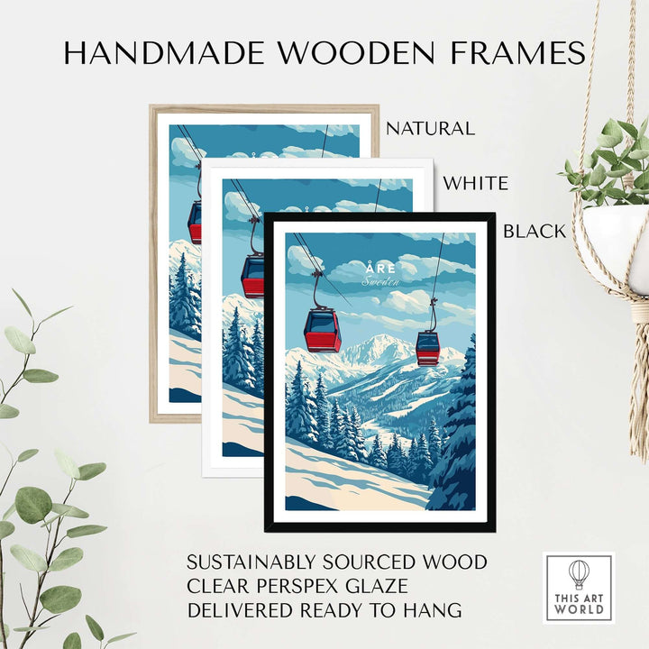 Handmade wooden frames in natural, white, and black showcasing a ski print of Åre, Sweden, ready to hang decor.