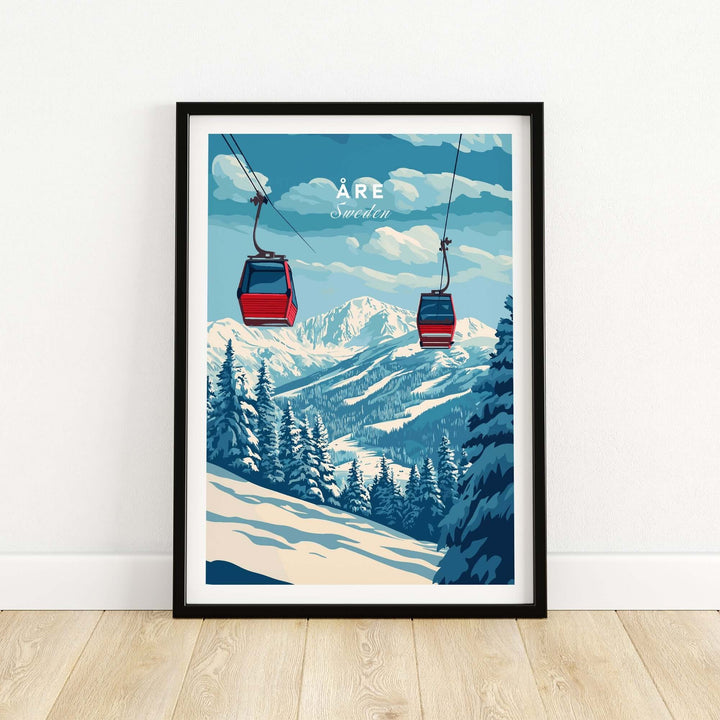 Ski Print of Åre, Sweden featuring red gondolas and snow-covered mountains, perfect for home decor and winter enthusiasts.