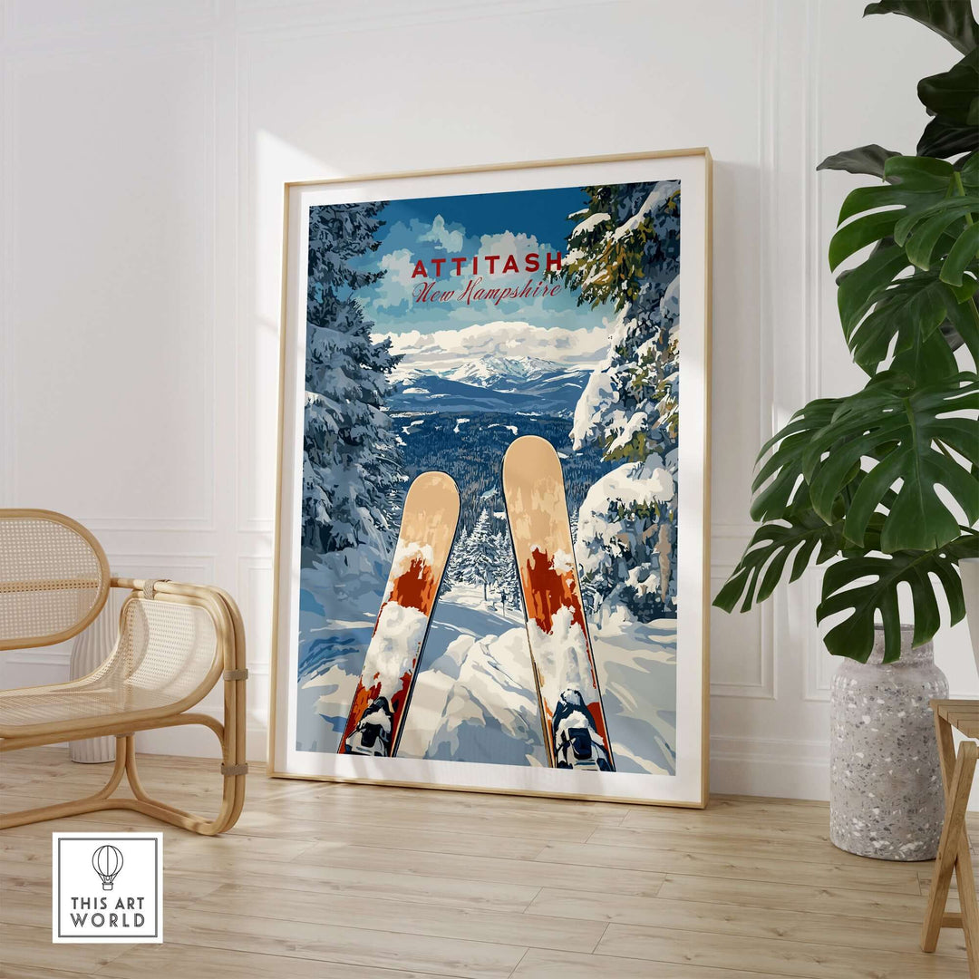 Ski print featuring Attitash New Hampshire landscape with skis, perfect for winter adventure enthusiasts.