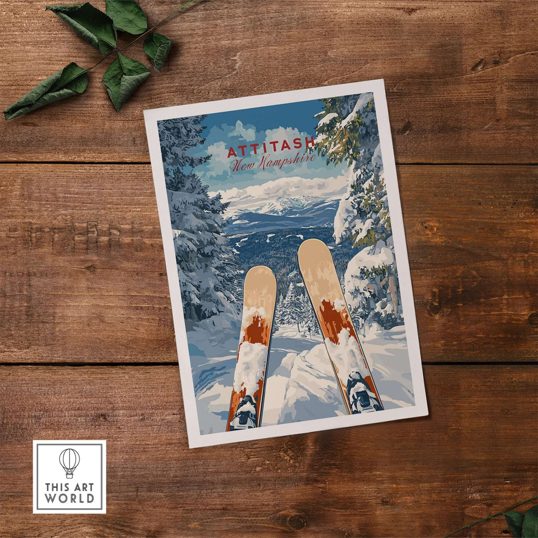 Ski print of Attitash, New Hampshire, showcasing snowy slopes and vintage skiing design, perfect for winter enthusiasts.