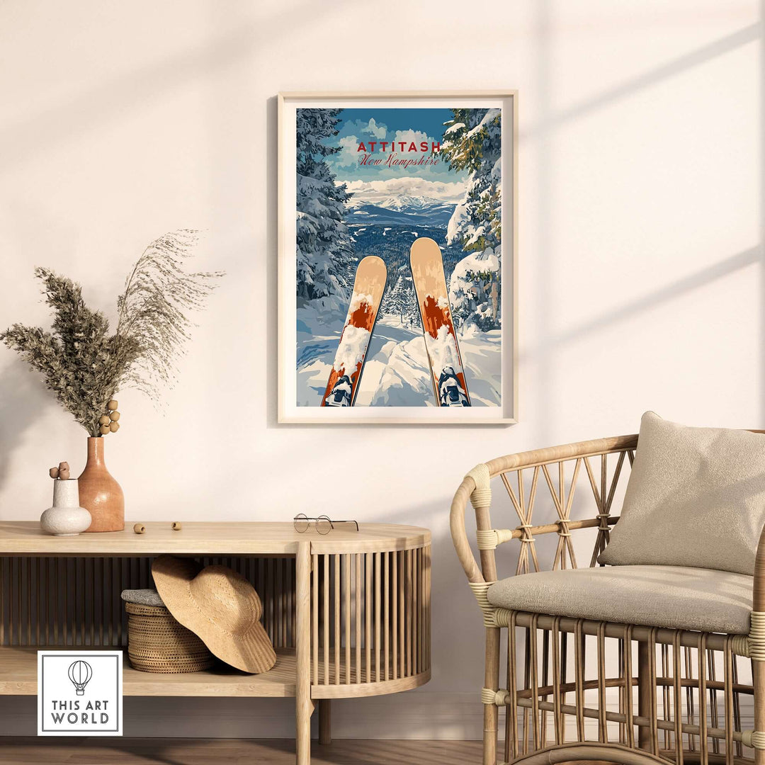 Ski print of Attitash, New Hampshire featuring two skis on snowy slopes, perfect for winter enthusiasts.