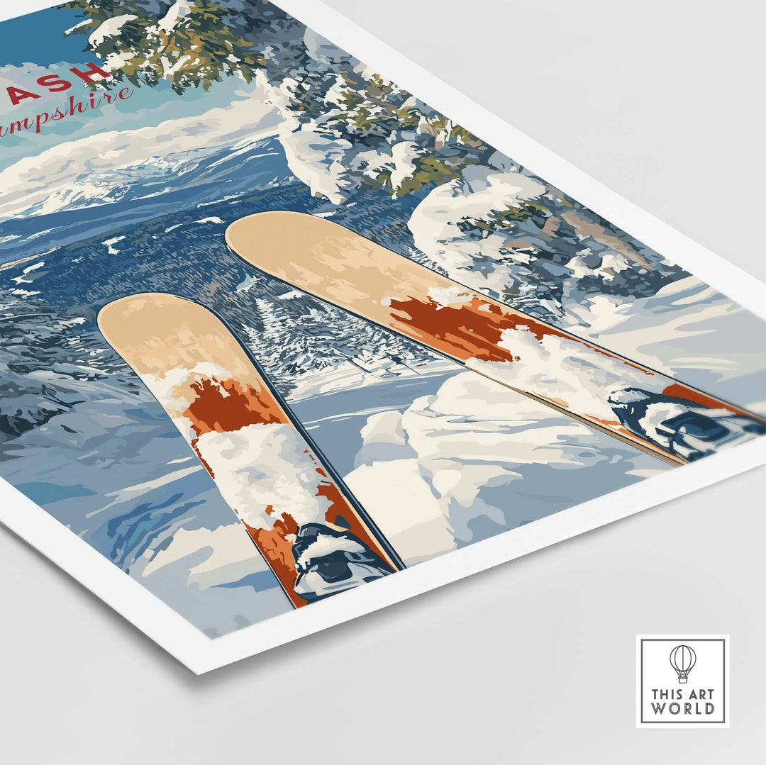 Ski print featuring snowy slopes and skis at Attitash, New Hampshire, perfect for winter sports enthusiasts.