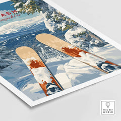 Ski print featuring snowy slopes and skis at Attitash, New Hampshire, perfect for winter sports enthusiasts.