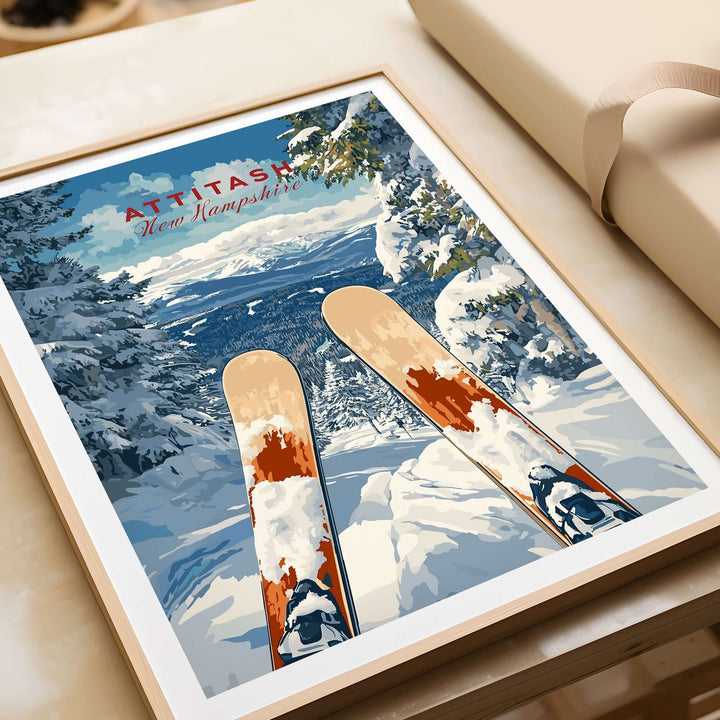 Ski print of Attitash, New Hampshire, showcasing snowy slopes and skis, perfect for winter adventure enthusiasts.