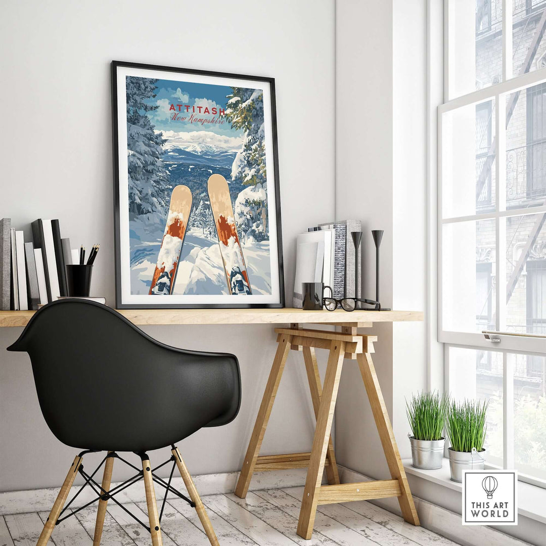 Ski print of Attitash, New Hampshire displayed in a stylish home office setting, perfect for winter enthusiasts.