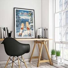 Ski print of Attitash, New Hampshire displayed in a stylish home office setting, perfect for winter enthusiasts.