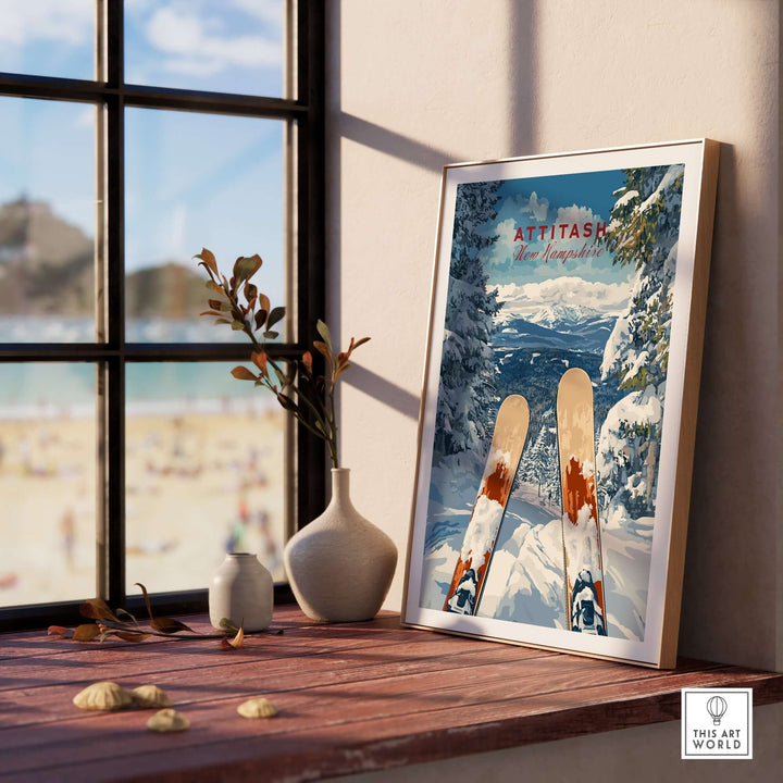 Ski print of Attitash, New Hampshire, showcasing beautiful snowy slopes and vintage ski gear by a window.