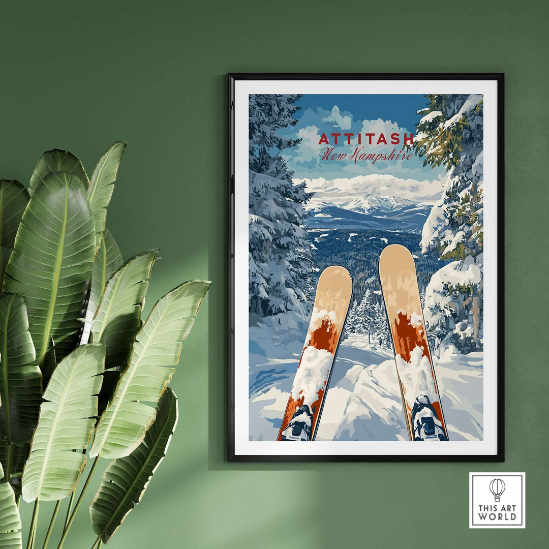 Ski print design of Attitash, New Hampshire, showcasing snowy slopes and ski equipment in a stylish home setting.