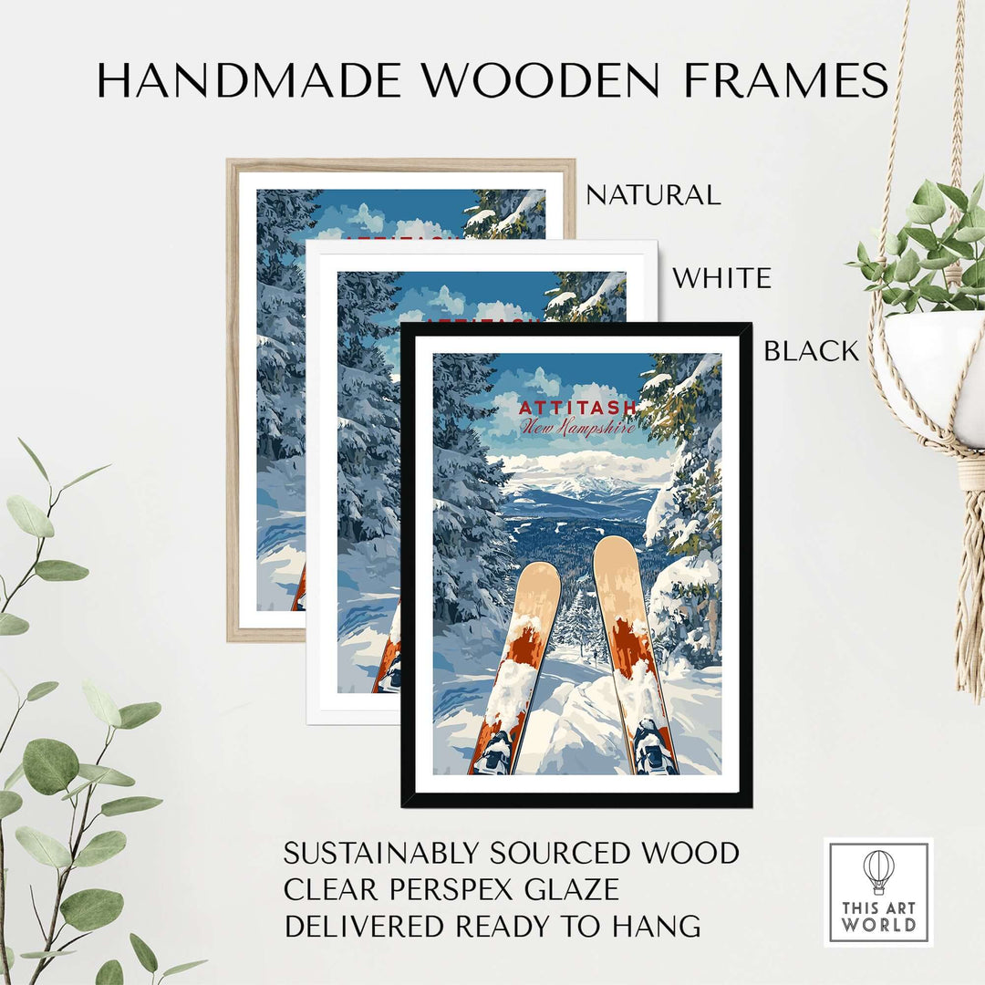 Handmade wooden frames for Ski Print Attitash New Hampshire in natural, white, and black finishes, ready to hang.