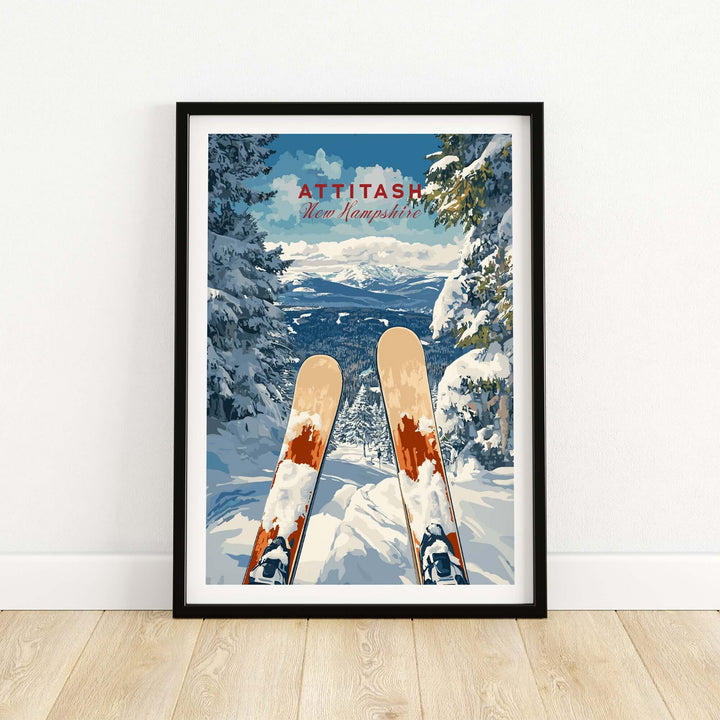 Ski print of Attitash New Hampshire showcasing snowy slopes and vintage ski gear, perfect for winter adventure enthusiasts.