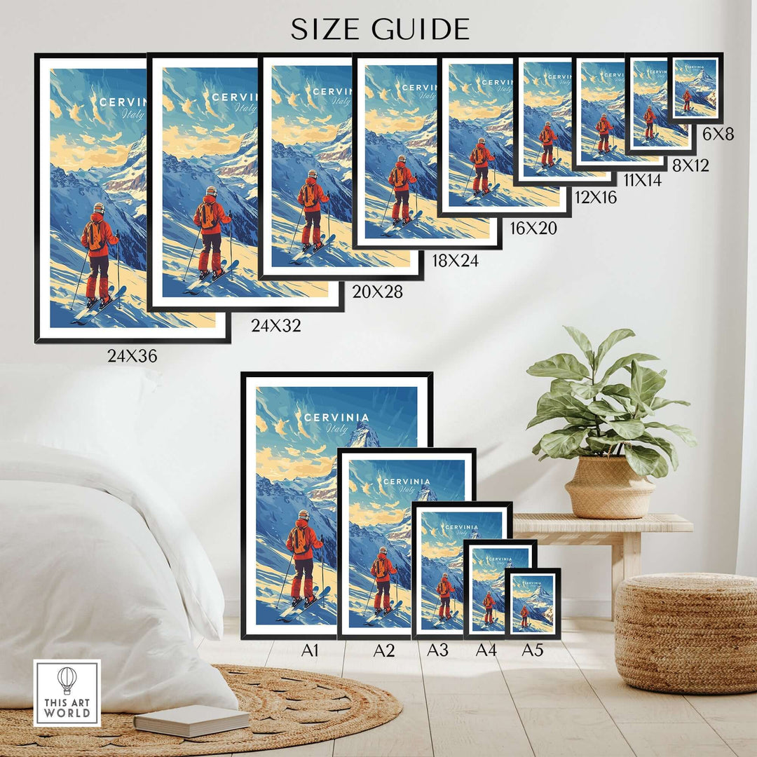 Size guide for Ski Print Cervinia Italy showcasing various frame sizes in a cozy home setting.