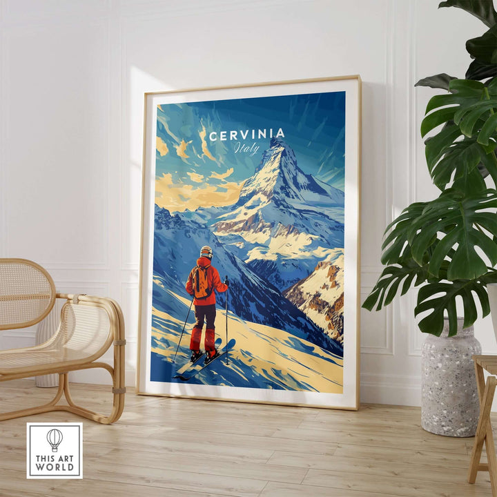 Ski print of Cervinia, Italy, showcasing a skier against stunning mountain scenery, perfect for home decor.