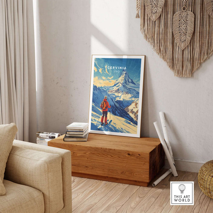 Ski print of Cervinia, Italy, showcasing beautiful mountain scenery and a skier, perfect for home decor.