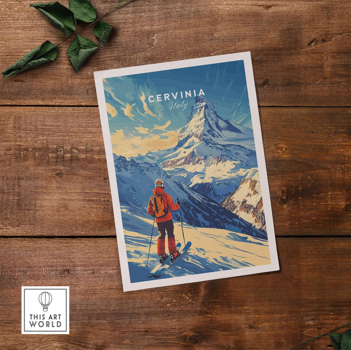 Ski print of Cervinia, Italy featuring a skier on beautiful snowy slopes against majestic mountains.