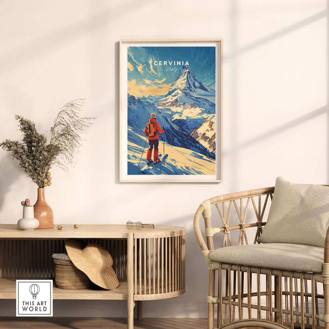 Ski print of Cervinia, Italy showcasing a skier amidst stunning mountain scenery in a stylish living room setting.